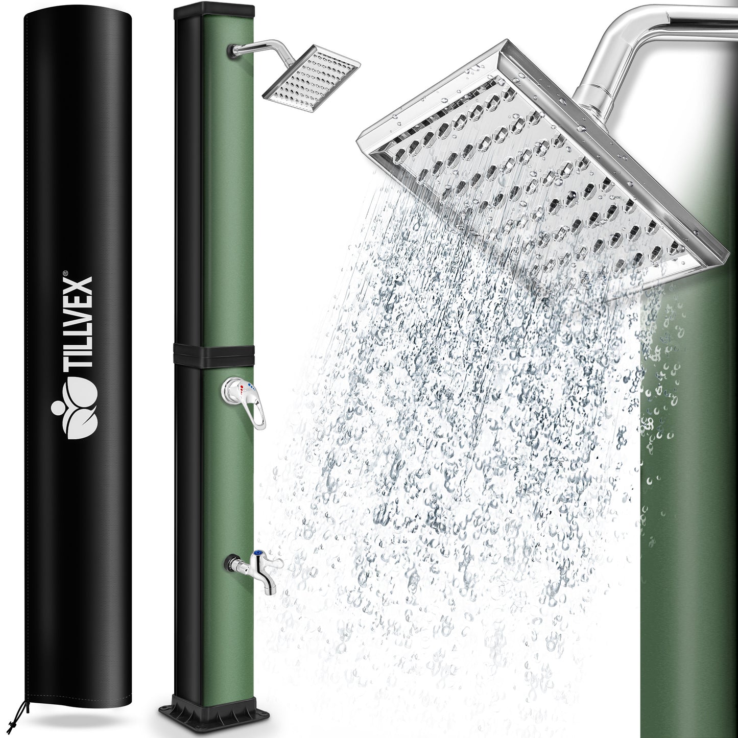 tillvex® Solardusche 20 - 60 Liter inkl. Abdeckung Solar Gartendusche Solar für draußen Pooldusche Komplettset warmes Wasser Camping ohne Stromanschluss mit Wasserhahn Gartenschlauch-Anschluss