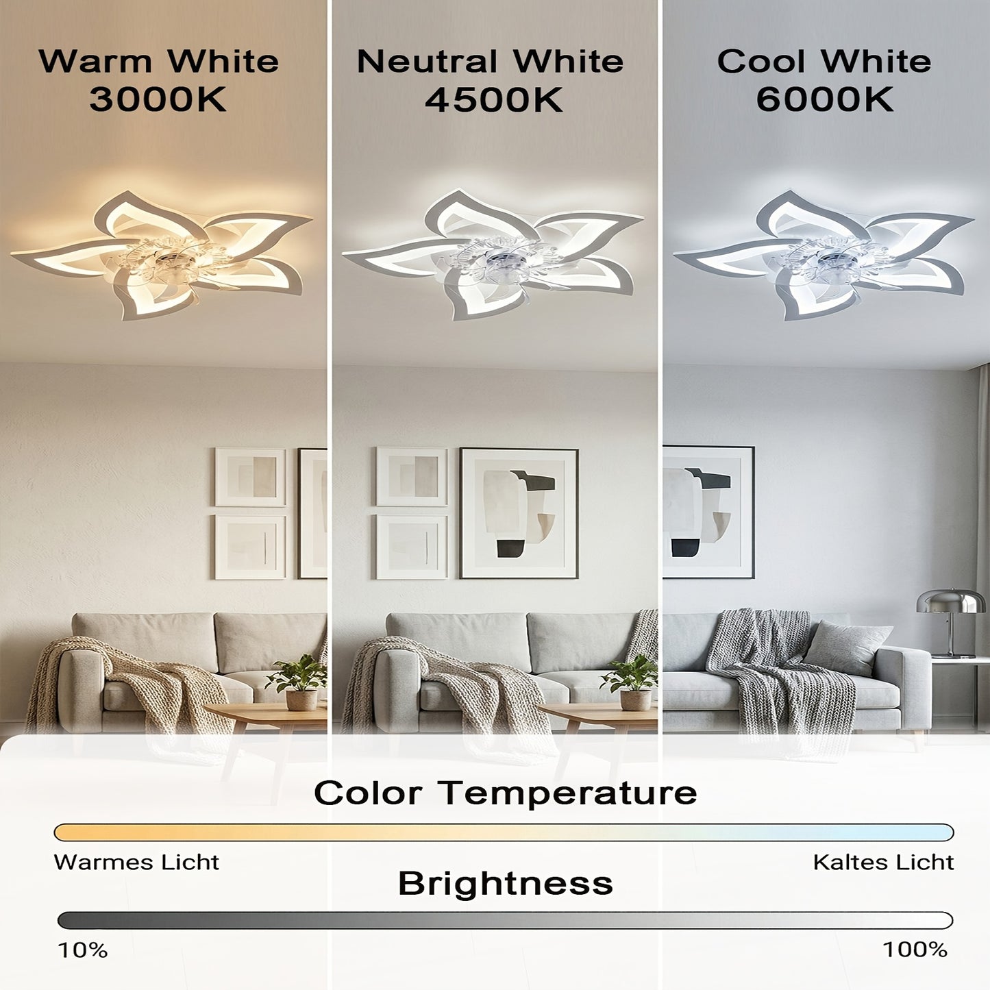 LED Deckenventilator mit Blütenblatt-Design und Licht, Tri-Color Dimming, 6-stufige Windgeschwindigkeitsanpassung, ausgestattet mit Fernbedienung, geeignet für Schlafzimmer, Küchen und Wohnzimmer
