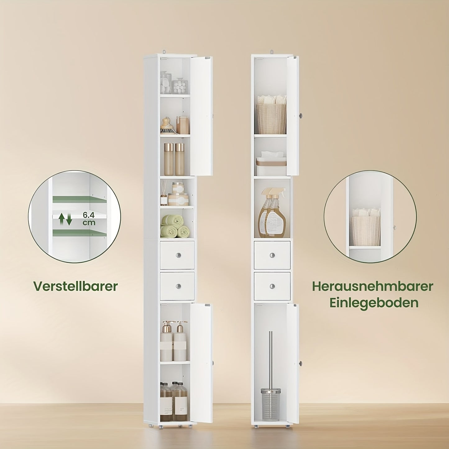 1 Stück Badezimmer-Schrank, schmales, hohes Badezimmer-Schrank mit Schubladen, Badezimmer-Möbel-Fächer, verstellbare Regale, Türen, weiß, MDF, 20 x 180 x 20 cm