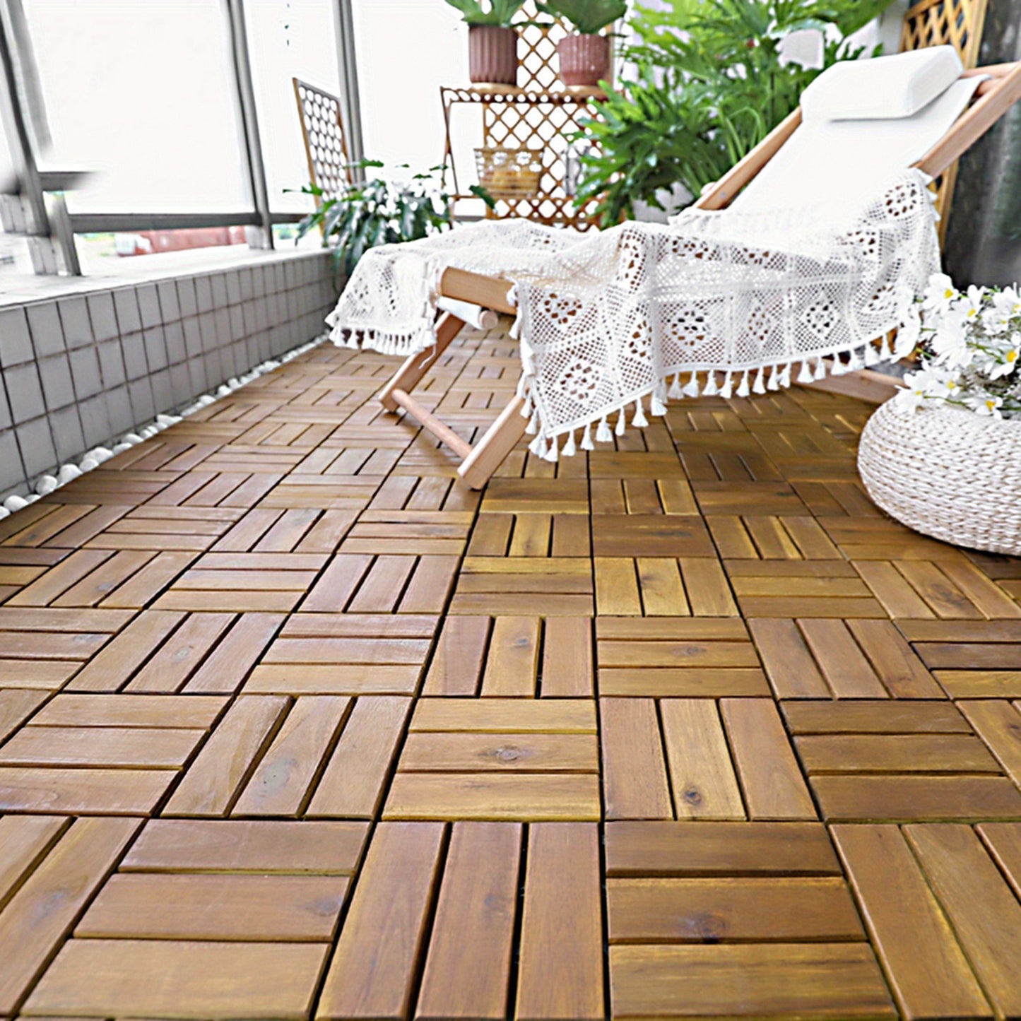 1M2 Wasserdichte Hartholzfußbodenplatten mit Drainage und Klicksystem, 30 x 30 cm, Akazienholz Fliesen Set, Holzfliesen, Korrosionsbeständige Balkonfliesen, Rutschfeste Bodenbeläge, Braun