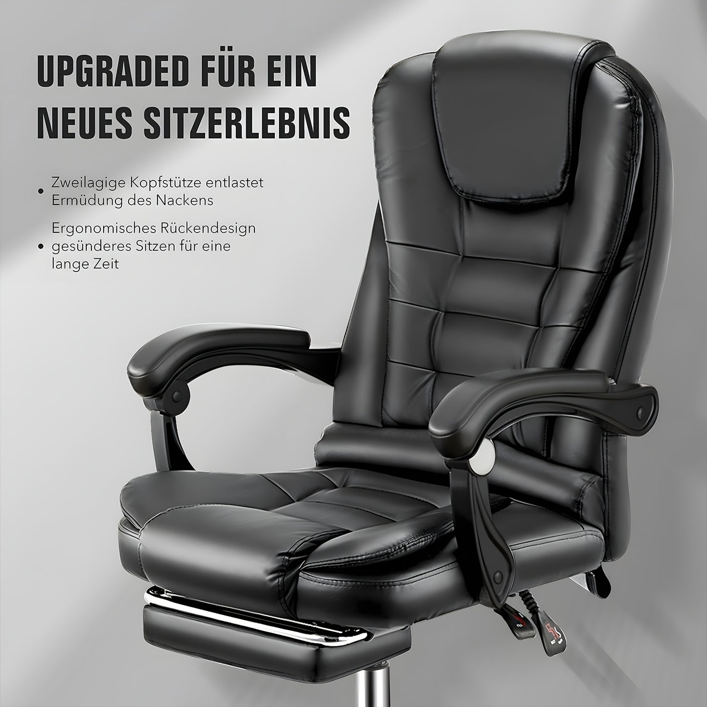 Executive Bürostuhl mit Fußstütze & Lendenwirbelstütze, ergonomischer Liegestuhl, Computer Schreibtischstuhl, verstellbarer Rückenlehne, robust, 360° drehbar für Home Office (Schwarz)