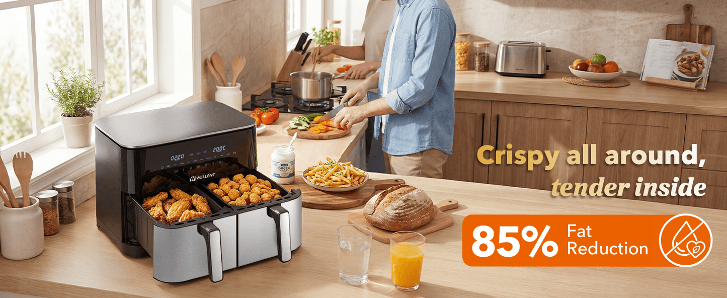 WELLENT Dual Easy Fry Heißluftfritteuse 11 L (7L+4L) - Airfryer mit 2 Kammern, Schublade, 10 Programmen, 2600 W, Extra Crisp Technologie, Spülmaschinenfest