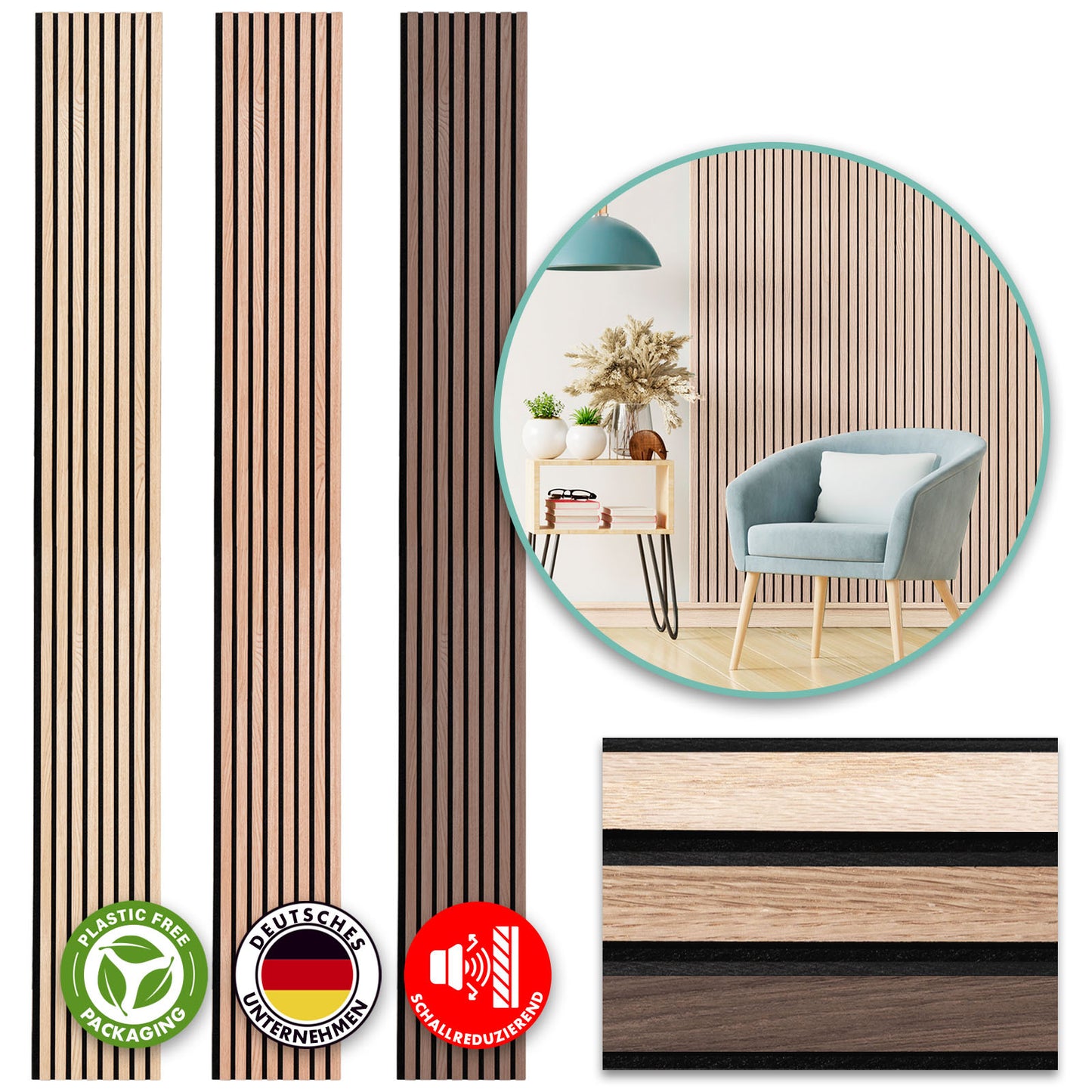 CASA PURA Akustikpaneele – Hochwertige Wandpaneele aus Echtholzfurnier mit Lamellenstruktur – Wandverkleidung mit Schallschutzfunktion zur Verbesserung der Raumakustik – Moderne Holzoptik & Filzrückseite