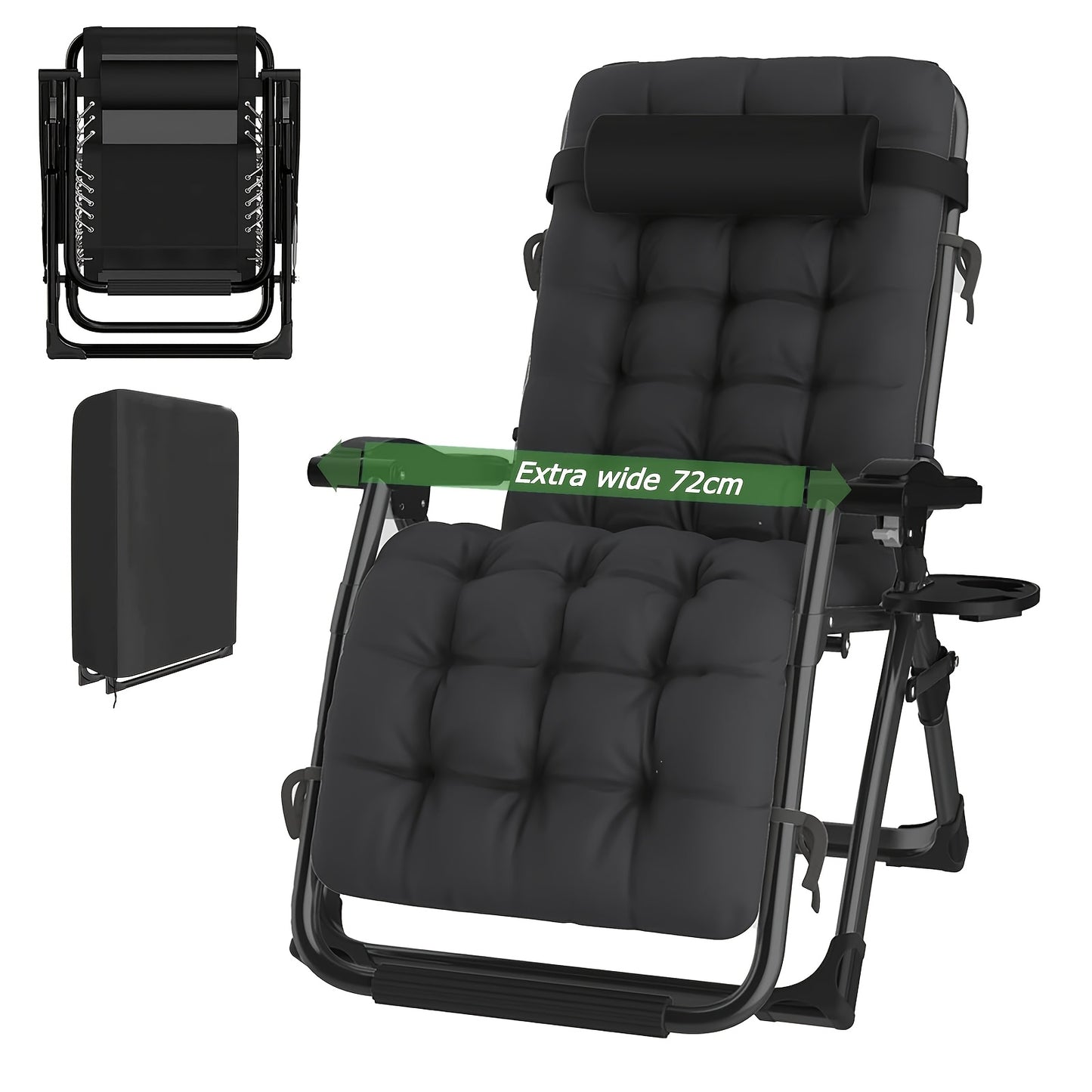 Übergroßer Schwerkraftloser Liegestuhl, 72 cm extra breit, klappbarer & verstellbarer Liegesessel, Tragkraft 500 lbs/200 kg, abnehmbares weiches Baumwollkissen mit Kopfstütze, Getränkehalter, Schwarz-Grau, für Garten, Terrasse, Balkon, Außenbereich