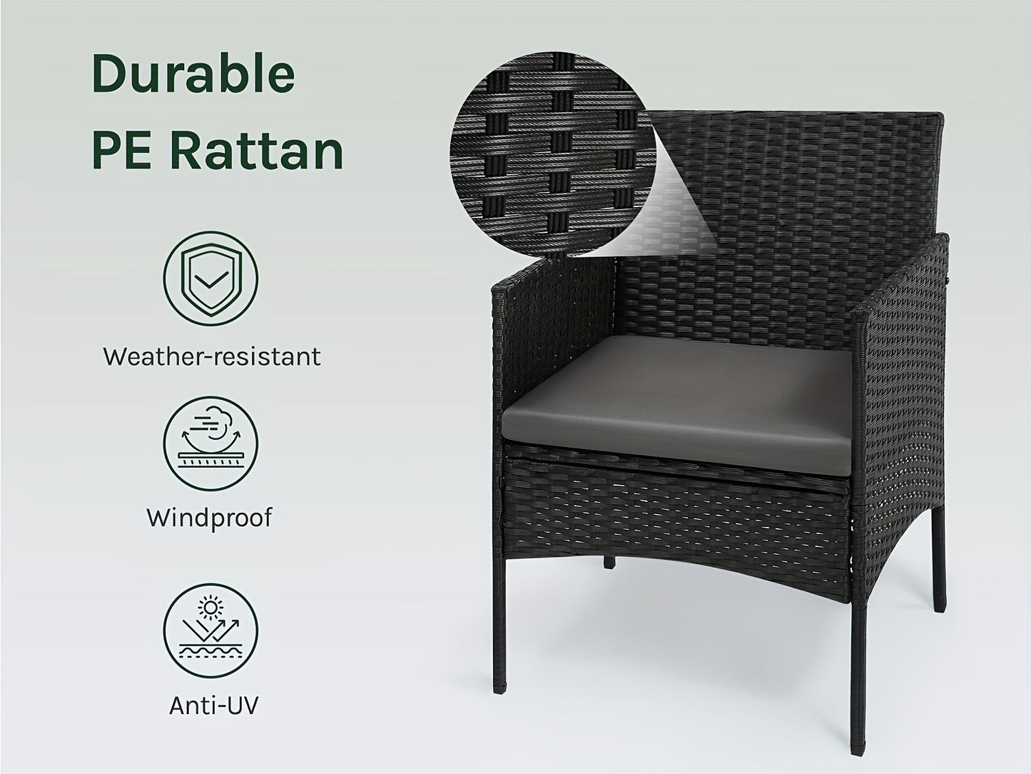 4-teiliger Gartentisch Stühle, Lounge-Set für vier Personen mit 1 Sofa, 2 Sesseln, 1 Couchtisch sowie bequemen Kissen – Metallrahmen & sicherheitsglasiert, wetterfest geeignet für Terrasse, Balkon oder den Außenbereich. Schwarz: Ideal für Familientreffen