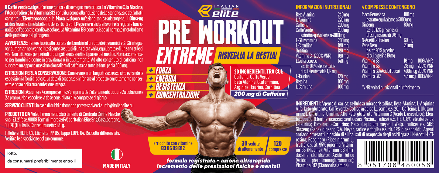 Italian Elite® Energie, Kraft- und Konzentrationsspritzer für das Training - 120 Tabletten mit Beta-Alanin, Arginin, Koffein, Glutamin, Carnitin und Vitaminen