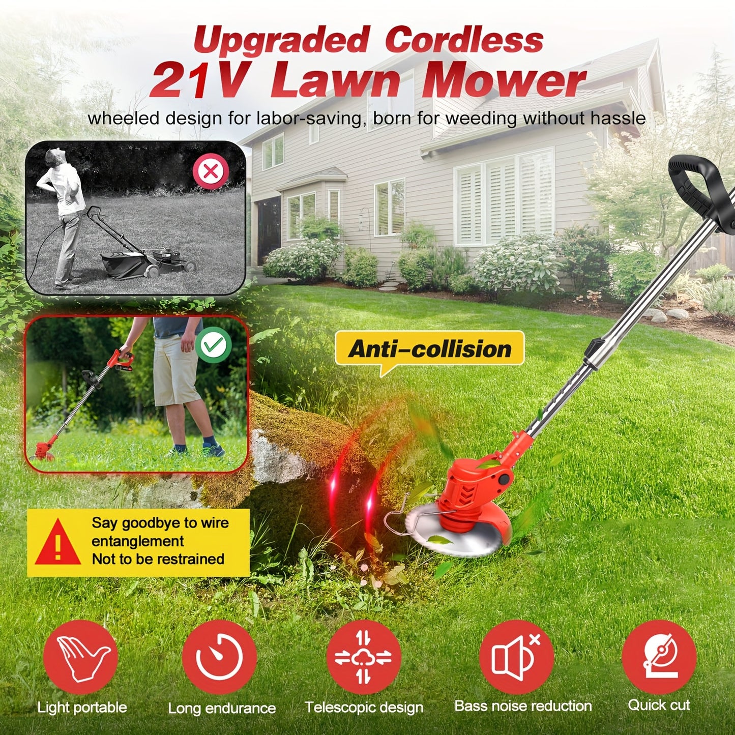 Kabelloser Unkrauttrimmer, elektrischer Unkrauttrimmer mit Akkubetrieb 2x 21V 2,0Ah Akkus, 3-in-1-Klingen, fadenloser Grasschneider/Rasenkantenschneider/Buschschneider für Garten Hof