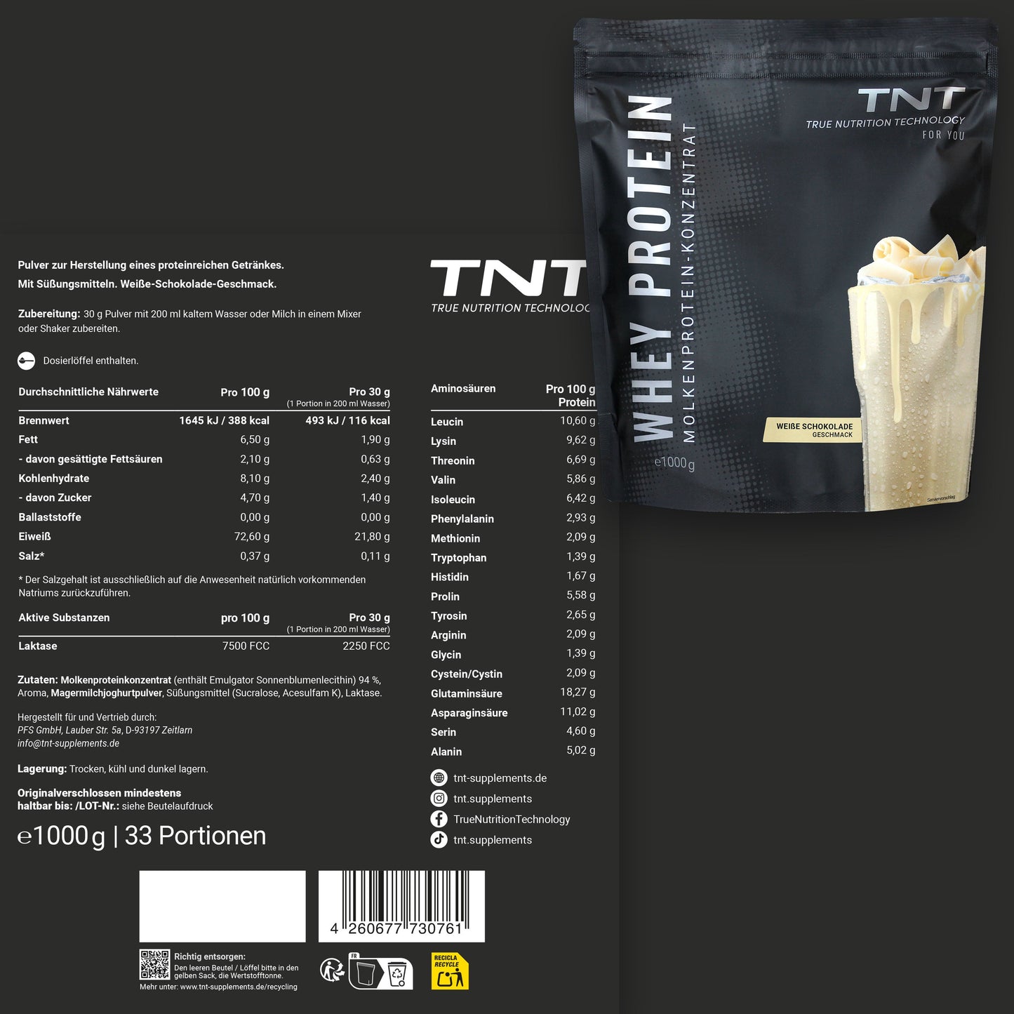 TNT Whey Protein Konzentrat (1000g) - Kremiger Eiweiß-Shake aus Molkenprotein-Konzentrat - Mit Laktase für eine optimale Lakotseverdauung und Verträglichkeit.
