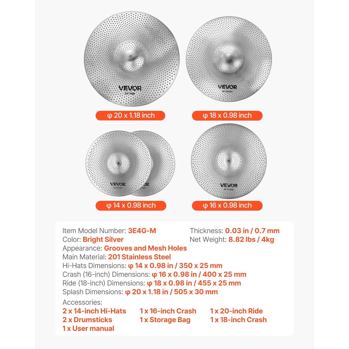 VEVOR Low Volume Becken Set 4 Stück 14 16 18 20 Zoll Becken für Schlagzeug
