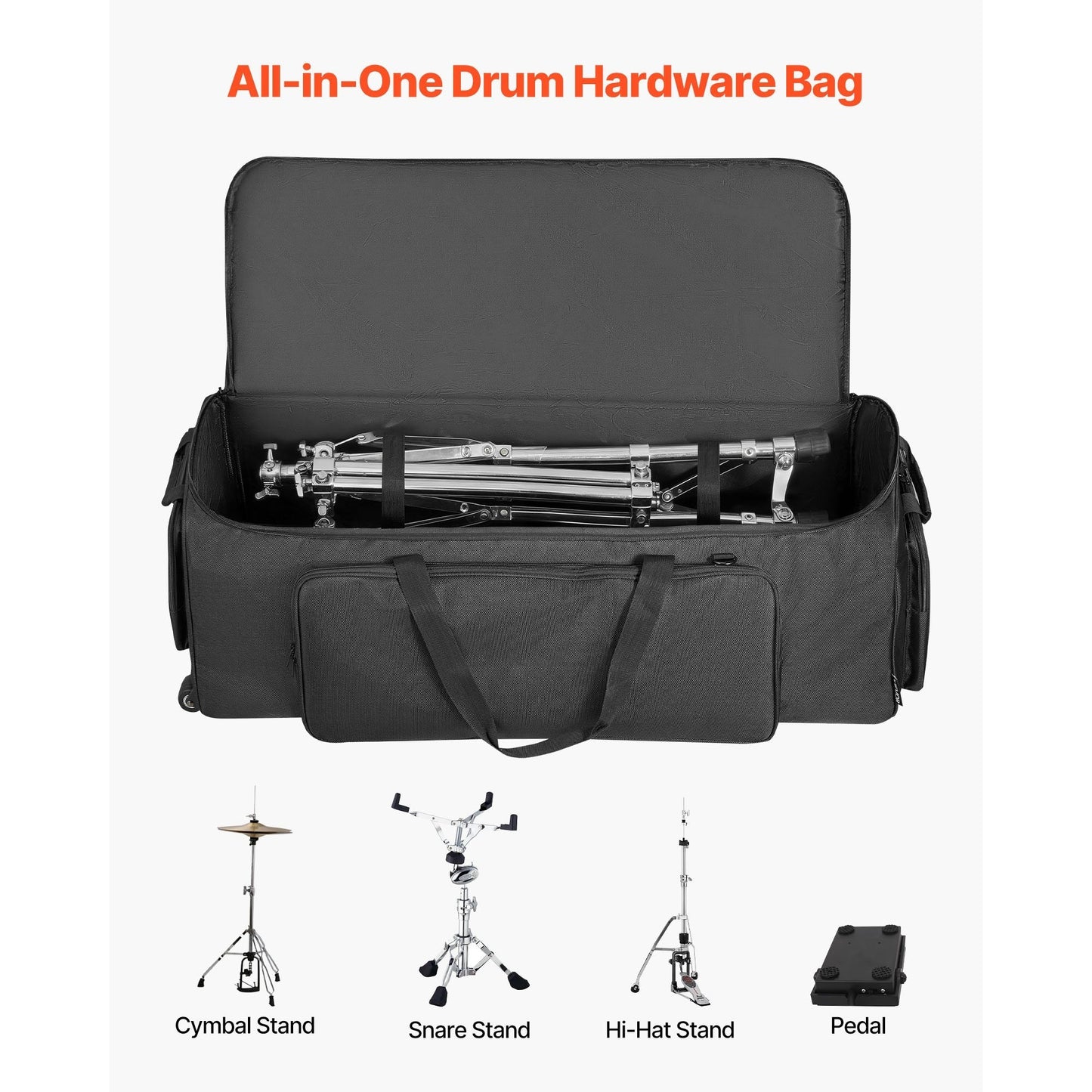 VEVOR Schlagzeug Hardware Tasche mit Rollen, 1680D, Schlagzeug Set Equipment Tragetasche, Tragetasche mit Stabiler Griff, Robuster Reißverschluss, Leichte PVC Räder, Mehrere Taschen, für Hardware und Ständer Zubehör, Schwarz