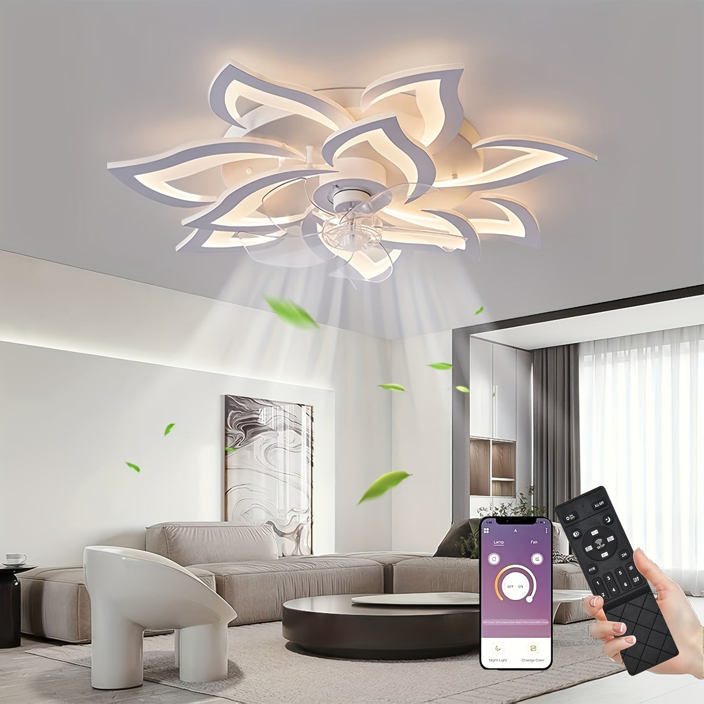 LED Leiser Deckenventilator mit Beleuchtung, Schlafzimmer Deckenleuchte mit Fernbedienung und App, Dimmbare Lampe mit Ventilator 5 Lichter Blumenform Acryl Lampenschirm Wohnzimmer Küche, 69Cm