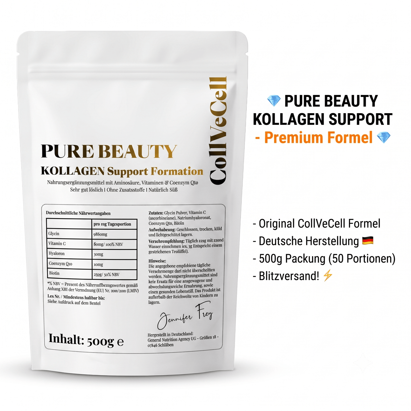500 g Collagen Premium Support Formation Komplex Pulver | Kollagen-unterstützende Beauty Formel | Mit Kollagen-Baustein Glycin, Vitamin C, Q10, Hyaluronsäure, Zink & Biotin | Hochdosiert | Vegan | Enthält kein Kollagen!