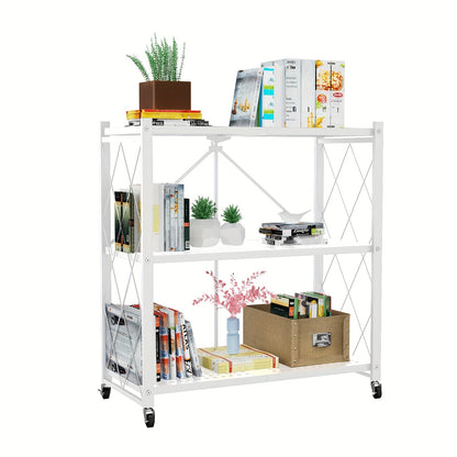 3-stöckiges, zusammenklappbares Regal mit Rädern, Metall Faltregal, Rollwagen Küchenregal für Bücher, Metall Faltregal Vitrine und Schrank Organizer, Büro Deko - Weiß/Schwarz