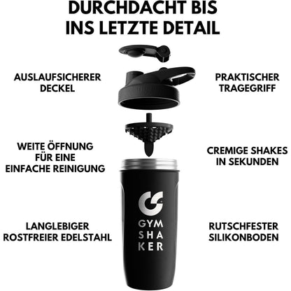 GYMSHAKER Edelstahl Protein Shaker 900ml - Geruchsfrei & hygienisch mit Waben-Sieb für cremige Shakes, auslaufsicherer Klappdeckel (Skala bis 700ml)