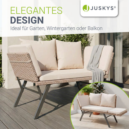 Multifunktionsbank Calvia Schwarz/Grau/Creme - klappbare Sonnenliege mit wetterfestem Polyrattan, Gartenbank mit 240 kg Belastbarkeit