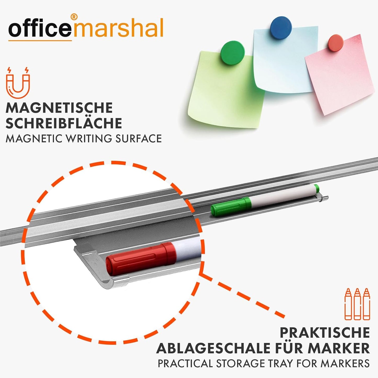 Whiteboard Magnettafel – Magnetisches Memoboard mit Alurahmen in Silber oder Schwarz, inkl. Stiftablage – Trocken abwischbare Schreibtafel für Büro, Home-Office & Schule