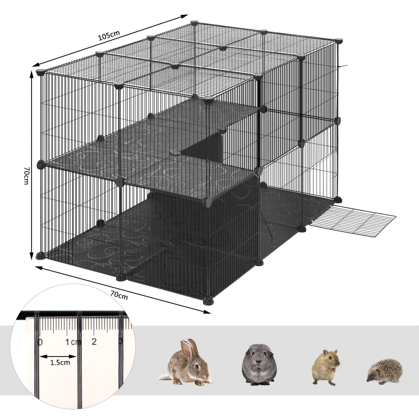 Außen-/Kaninchengehege geeignet für Meerschweinchen, Hamster, Katzen & Kleintiere – Robustes Drahtgitter-Gehege mit Bodeneinsätzen, geräumiger schwarz-weiß-grauer Rahmen, Zusammenbau – (105x70x70cm)
