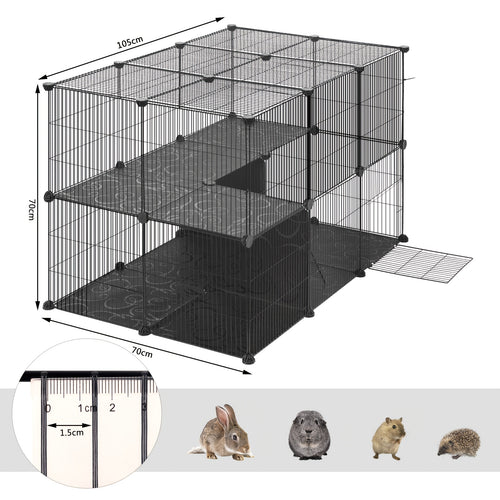 Außen-/Kaninchengehege geeignet für Meerschweinchen, Hamster, Katzen & Kleintiere – Robustes Drahtgitter-Gehege mit Bodeneinsätzen, geräumiger schwarz-weiß-grauer Rahmen, Zusammenbau – (105x70x70cm)