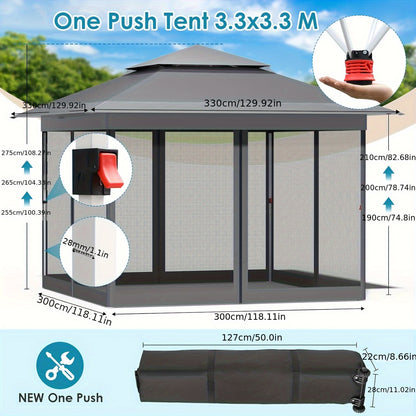 3,3x3,3-Gazebo, Pavillon mit 4 Mückennetz-Seitenwänden, 1-Knopf-Faltstabilitätspavillon, Doppelboden Partyzelt UV-Schutz 50+, Gartenpavillon mit 4 Sandsäcken, geeignet für Terrasse/Markt/Camping