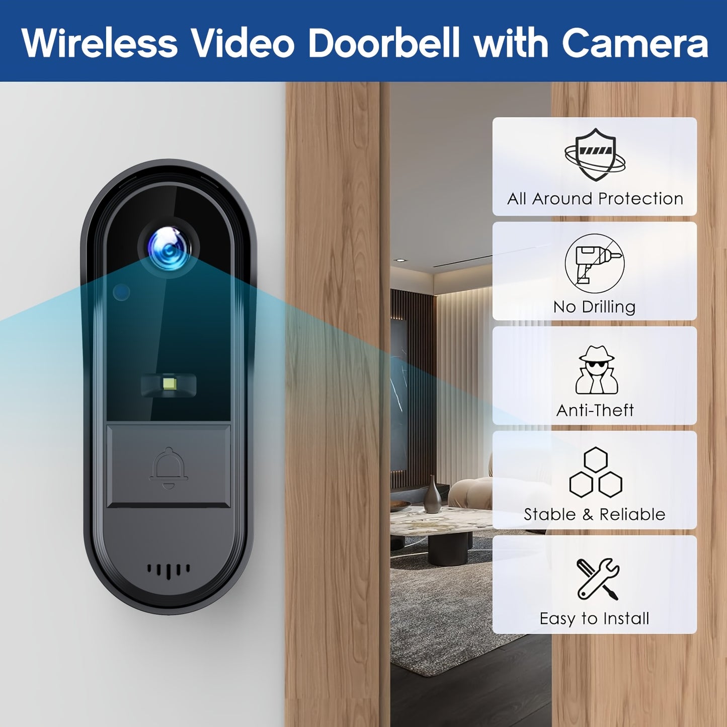 Kabellose Wi-Fi Video Türklingel Kamera, Video Türklingel Kamera Innen/Aussen, KI Menschliche Erkennung und Sofortbenachrichtigungen, 1080P HD Nachtsicht, 2-Wege-Audio, Echtzeit Innenraumüberwachung, USB-betrieben, Lange Akkulaufzeit, Perfekt für Zuhause