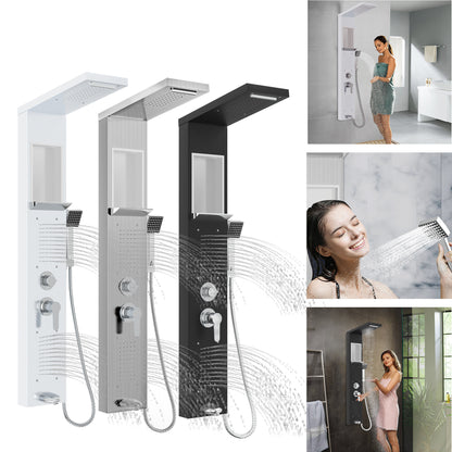 Duschpaneel mit Armatur, 5-in-1 Duschsystem mit eingebautem Ablagefach, Multifunktionales Duschset inklusive Handbrause, Massagebrause, Wasserfallbrause, Regenduschkopf, 304 Edelstahl Duschset