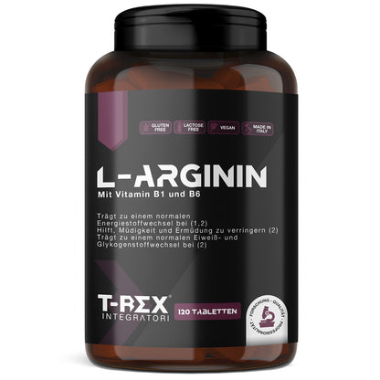 T-Rex Integratori L-Arginin 1000 mg mit Vitamin B1 und B6 – 120 Tabletten L-Arginin HCL, Vegan, Made in Italy