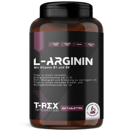 T-Rex Integratori L-Arginin 1000 mg mit Vitamin B1 und B6 – 120 Tabletten L-Arginin HCL, Vegan, Made in Italy