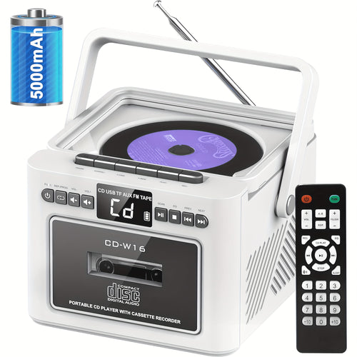 CD-Kassettenspieler-Boombox mit 5000-mAh-Akku, tragbarer CD-Player, 5-W-Dual-Stereo-Lautsprechern, FM-Radio, Fernbedienung, Aufnahmefunktion, 3,5-mm-Kopfhöreranschluss – unterstützt AUX, TF-Karte und USB für Zuhause