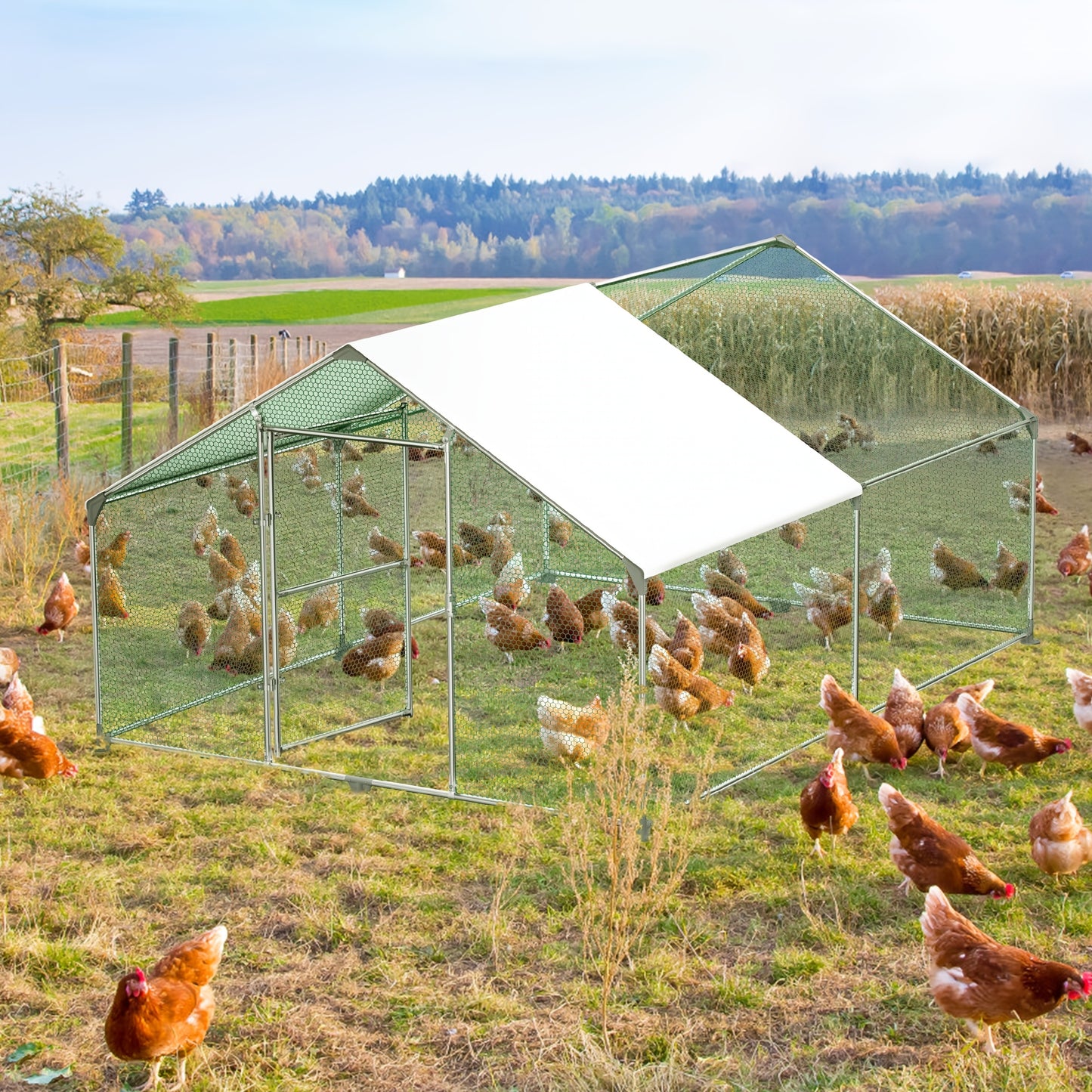 Hühnerstall Gehege Outdoor Vogelhaus Großes Freilauf Hühnerstall mit PE Sonnenschutz Abdeckung Hühnerkäfig mit verzinktem Stahlrahmen für Kaninchen Avikultur