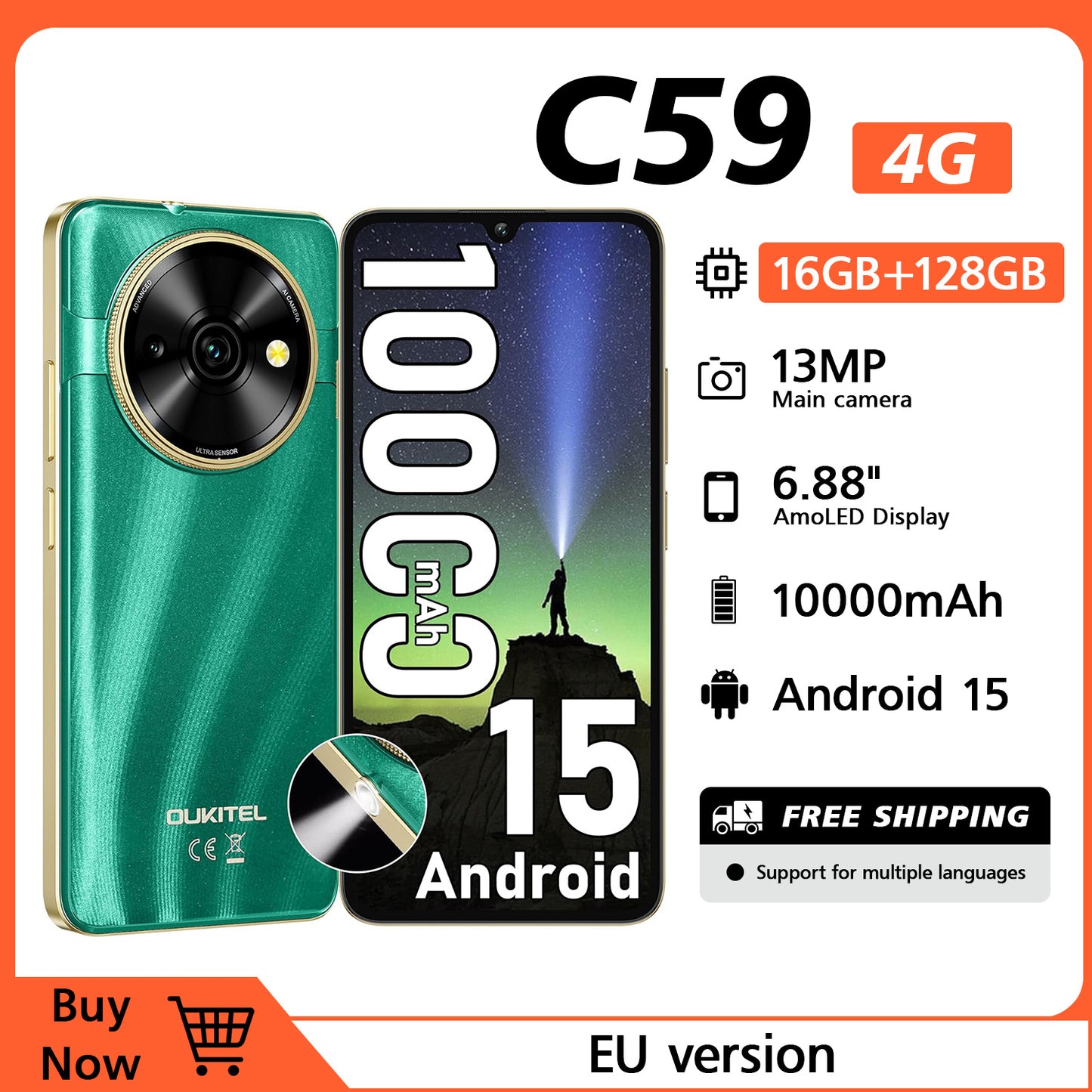OUKITEL C59 Android Handy, 10000mAh Akku-Smartphone, 6.88" HD+ Entsperrter Mobiltelefon mit 120LM, 16GB(4+12)+128GB/TF 1TB Entsperrter Mobiltelefon, 13MP Kamera, 4G Dual-SIM/Face ID/Fingerabdruck/GPS/Naht