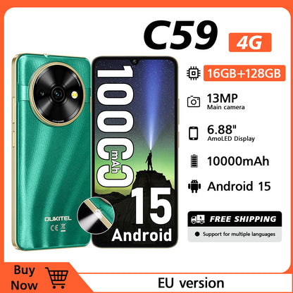 OUKITEL C59 Android Handy, 10000mAh Akku-Smartphone, 6.88" HD+ Entsperrter Mobiltelefon mit 120LM, 16GB(4+12)+128GB/TF 1TB Entsperrter Mobiltelefon, 13MP Kamera, 4G Dual-SIM/Face ID/Fingerabdruck/GPS/Naht
