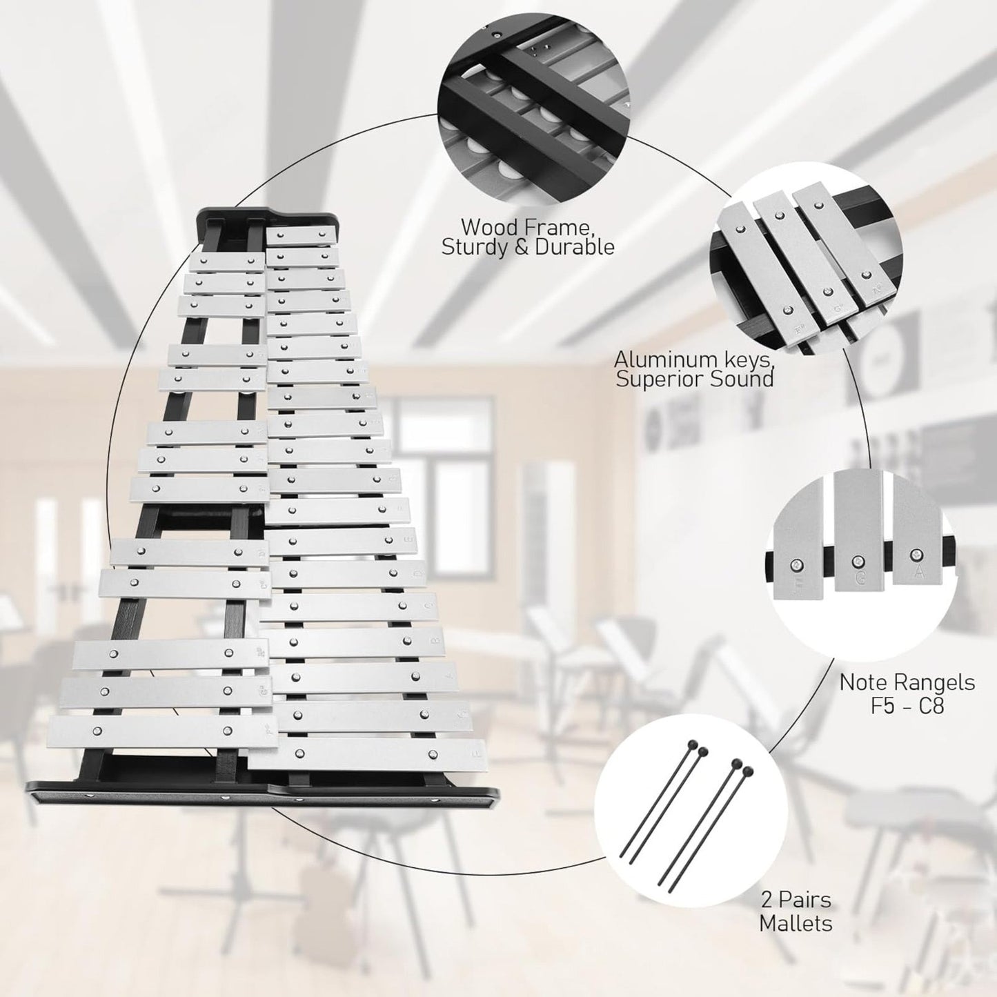 32-Ton Glockenspiel Xylophon mit verstellbarem Ständer, professionelles Aluminium-Schlaginstrument-Set mit Drumsticks und Tragetasche, ideal für Anfänger, Band-Auftritte