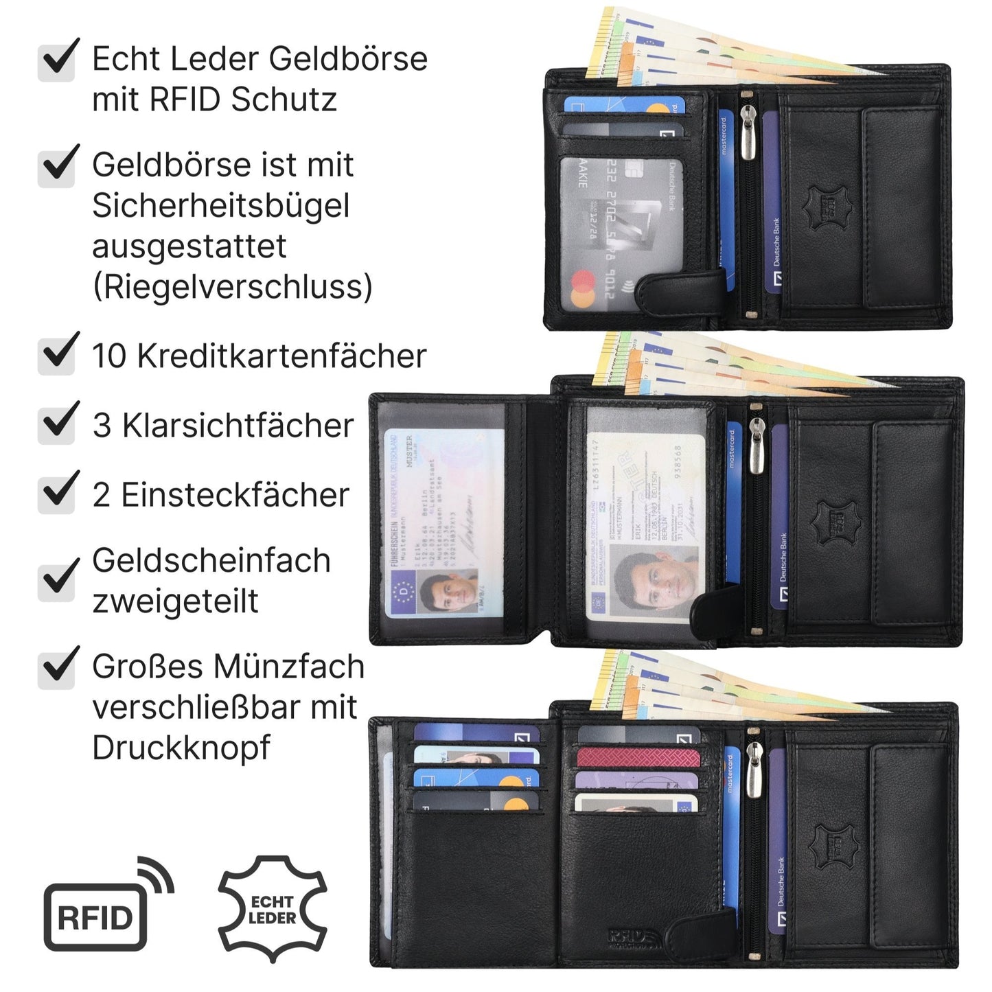 Leder Geldbörse Herren Portemonnaie RFID 10 Kartenfächer Hochformat EAAKIE Geldbeutel Echtleder Schwarz Maße : 12 x 9,5 x 2 cm