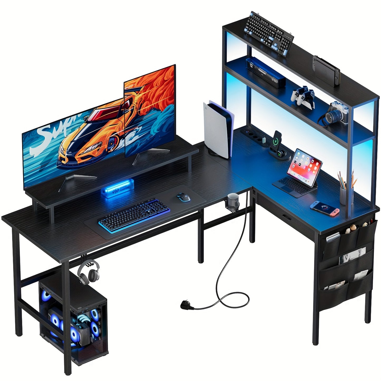 Neuer L-förmiger Gaming-Schreibtisch mit Steckdosen & LED-Beleuchtung, 59/67 Zoll umkehrbarer L-förmiger Computerecktisch mit Ablage & Monitorständer - Modernes Design fürs Homeoffice, Weihnachtsgeschenke