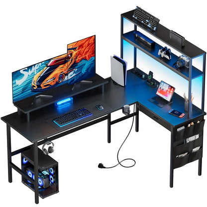 Neuer L-förmiger Gaming-Schreibtisch mit Steckdosen & LED-Beleuchtung, 59/67 Zoll umkehrbarer L-förmiger Computerecktisch mit Ablage & Monitorständer - Modernes Design fürs Homeoffice, Weihnachtsgeschenke