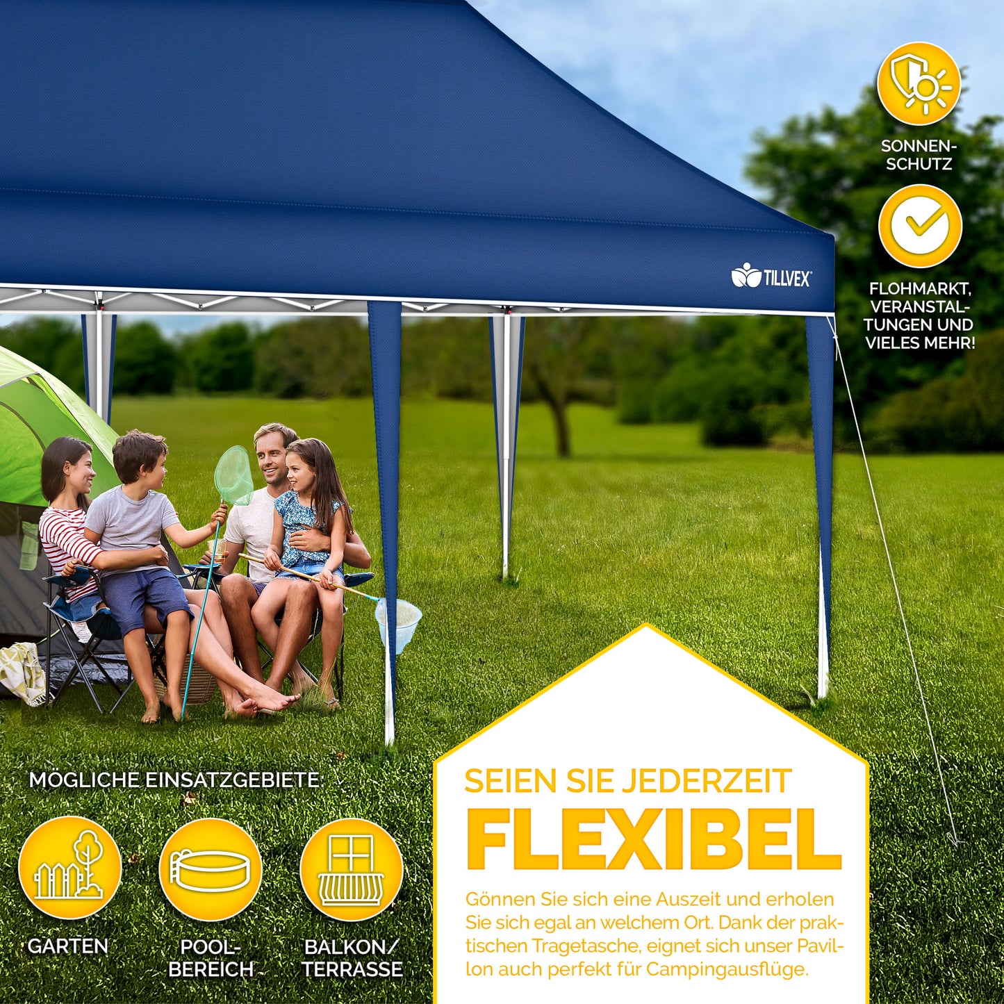 tillvex® Pavillon 3x6m Faltbar + 6x Sandsäcke | Pop-Up Faltpavillon Höhenverstellbar, Winterfest | Gartenzelt Stabil mit und ohne Seitenwänden UV Schutz 50+ | Partyzelt Wasserdicht mit Tasche für Garten