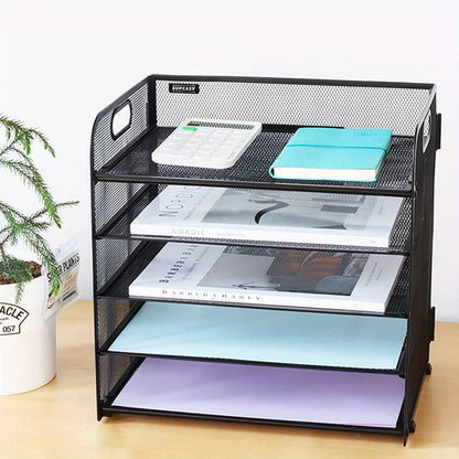 Mesh Desktop Organizer, 5-stöckige Briefablage, stapelbarer Mesh-Dateihalter, A4-Datei-Desktop-Datei-Organizer für Home Office (Schwarz)