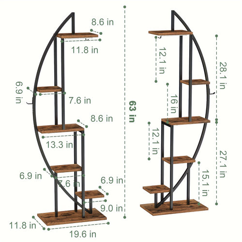 Ein 6-stöckiger Pflanzenständer für den Innenbereich mit Wachstumslicht, 160,02 cm hoch, aus Metall. Dieser multifunktionale, halbmondförmige Pflanzenständer ist ideal für Wohnzimmer, Eingangsbereiche, Balkone oder Ecken und benötigt keinen Adapter.