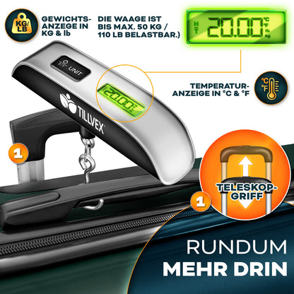 tillvex® Reisekoffer Set + Gepäckwaage, Koffergurte & Kofferanhänger | Kofferset 4 Rollen | Trolley Gepäck Koffer TSA Schloss | Hartschalenkofferset