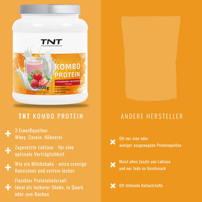 TNT Kombo Protein (1000g) • Protein Pulver mit 3 Eiweiß-Quellen • Extra cremig • Laktase und Flohsamenschalenpulver