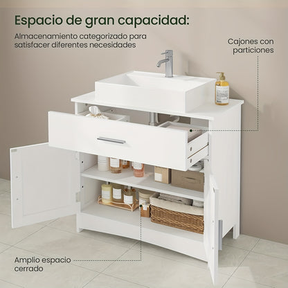 1 Stück Medizinschrank, Badezimmerschrank mit Schubladen, 2 Fächer Hinter der Tür, Verstellbares Regal, Waschtischschrank, Weiß, 60 x 60 x 30 cm