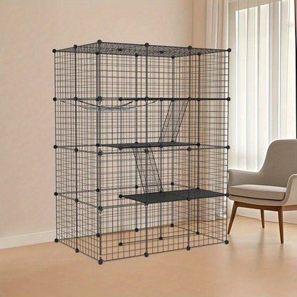 Schwarzes Metallgitter für Zäune im Freien für Kaninchen, mit Tür und geeignet für kleine Tiere wie Meerschweinchen und Welpen, Abmessungen 146X110X74 cm (4 Säulen und 3 Ebenen)
