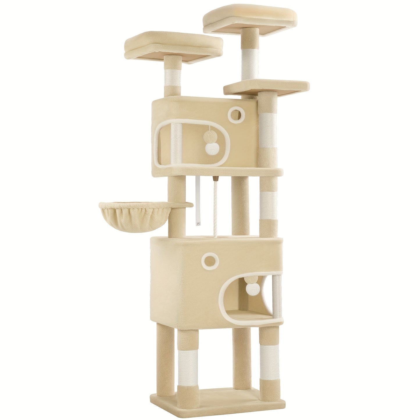 Kratzbaum, 180 cm Kratzbaum mit 8 Kratzpfosten, 3 Plattformen, 2 Höhlen, Korb, Plüschbälle, Sisalseil, geeignet für Katzen verschiedener Größen, Beige/Hellgrau/Dunkelgrau