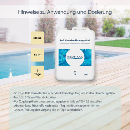 Fresh-Pool Profi Waterclear Flockungsmittel 5 Liter - Flockmittel Pool flüssig | Flockenmittel für Pool | 5l Flockmittel Pool | Flockungsmittel für den Pool