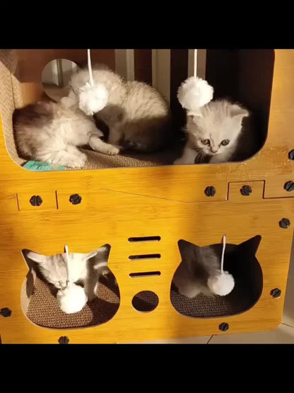 Großes Katzenhaus mit Kratzpfosten, 3-in-1 Karton-Katzenbett & Kratzbrett zum Krallenwetzen, Verstecken  Ausruhen, eingebauter Bommel zum Spielen, langlebige stabile Konstruktion & einfach zusammenzubauen, hält bis zu 11 kg, perfektes Geschenk für Katzenl