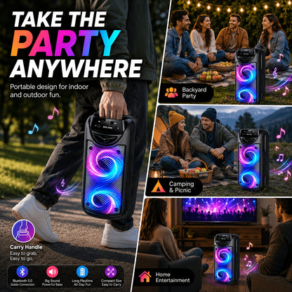 Tragbares Bluetooth-Karaoke-Lautsprechersystem, Dualer 3-Zoll-Subwoofer mit tiefem Bass, LED-Partylichter, UKW-Radio, TWS kabelloses Stereo, PA-Lautsprecher mit hoher Lautstärke, Outdoor-Bluetooth-Lautsprecher für Sommerpartys, Camping, Strand, Grillen, G