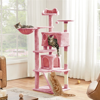 Costoffs Kratzbaum 145 cm hoch Katzenkratzbaum Stabil Kletterbaum Katzenbaum mit Sisal-Kratzstangen 2 Katzenhöhlen Spielsisal für Katzen