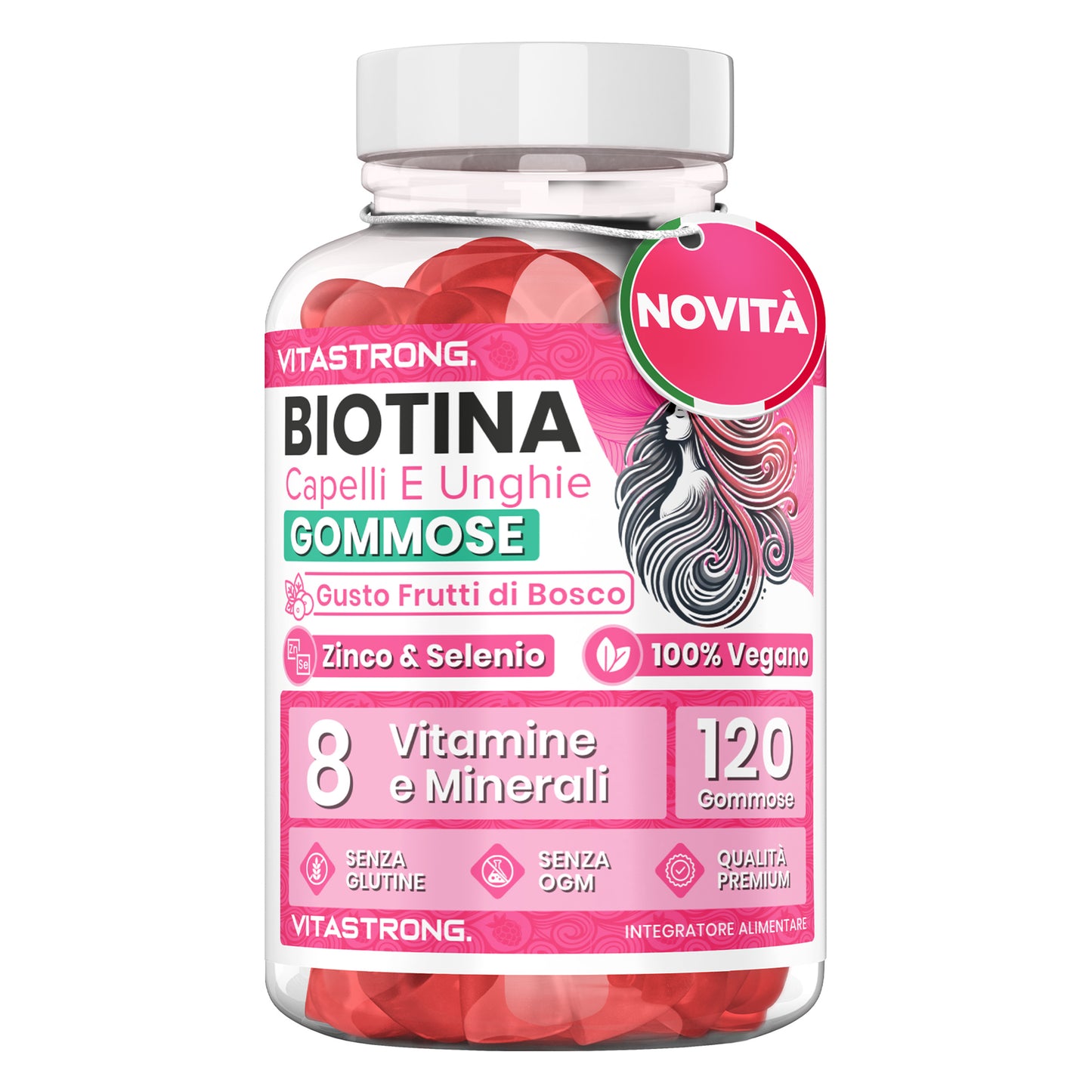 Vitastrong Biotinkomplex Vegan, 120 Gummibärchen, Zuckerfreies Nahrungsergänzungsmittel mit Biotin, Vitamin C, Vitamin E, Zink, Vitamin B6, Folsäure, Selen und Jod