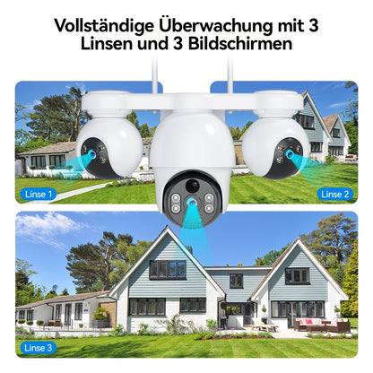 V380MAX Smart Home Überwachungskamera | 8MP Ganztägige Aufzeichnung, Unterstützt 2,4GHz Wi-Fi & 4G LTE, Solarbetriebenes Drahtloses Überwachungssystem. Bietet 360° Rotation, Farb-Nachtsicht, Zwei-Wege-Audio und ein Sechsmotor Triple-Linsen-System mit Simu