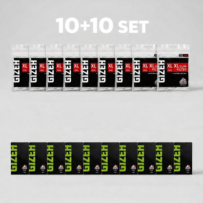 20er Set GIZEH Schwarze Feinpapiere & XL Slim Filter 6mm – 10x Schwarze Feinpapiere + 10x XL Filter – Extra Langer Filter